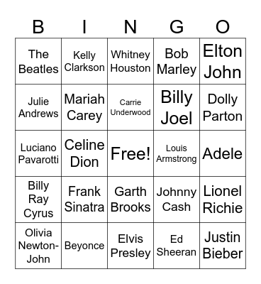 Famous Songs/Singers Bingo Card