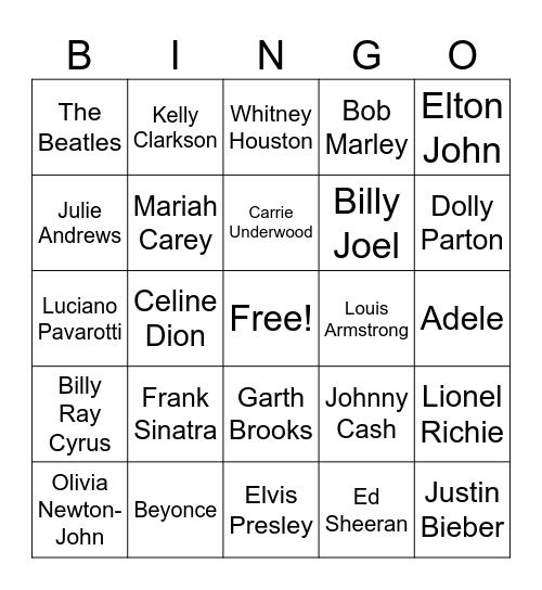 Famous Songs/Singers Bingo Card