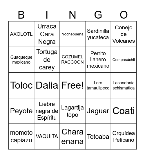 Endemic Species Bingo Card