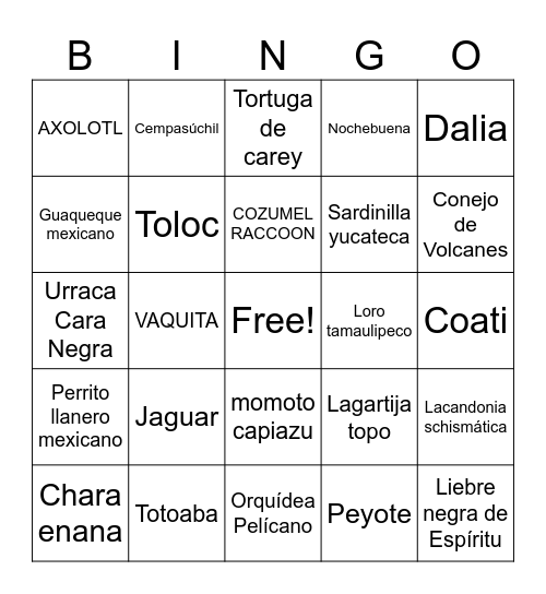 Endemic Species Bingo Card