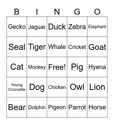 Animal Sounds Bingo Card