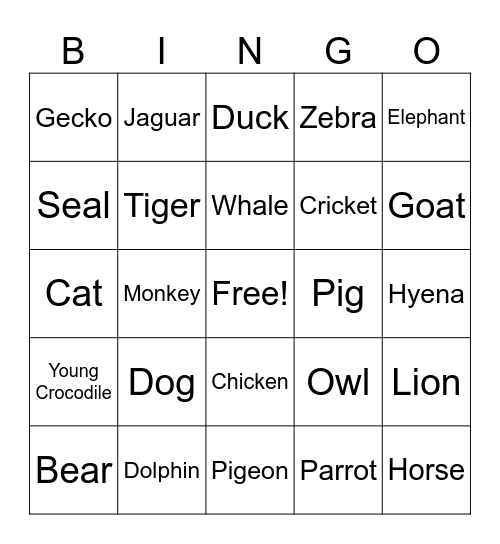 Animal Sounds Bingo Card