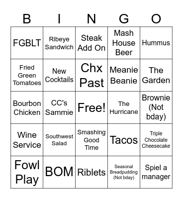 New Menu! Bingo Card