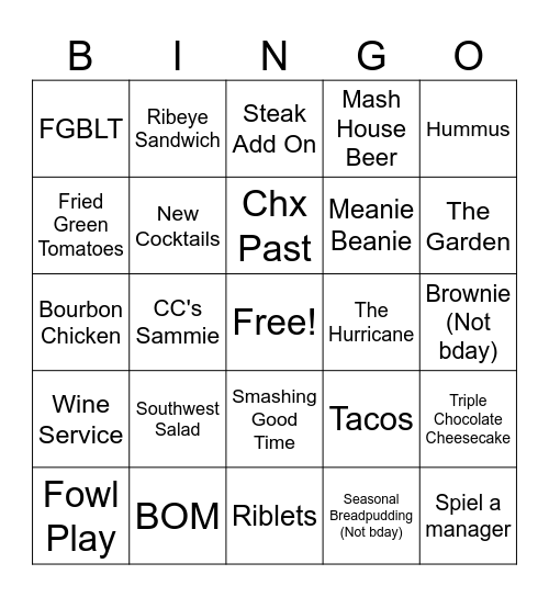 New Menu! Bingo Card
