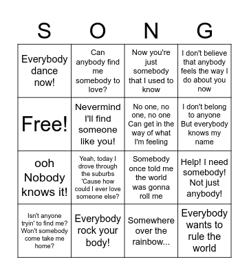 Songs with indefinite pronouns Bingo Card