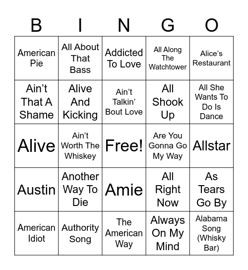 "A" TITLES MUSIC Bingo Card