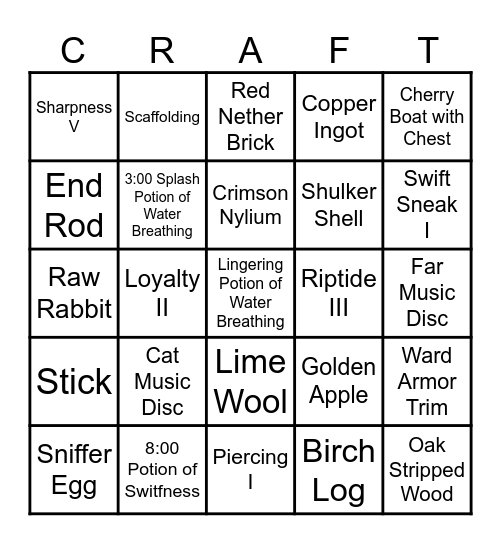 Minecraft Bingo Card