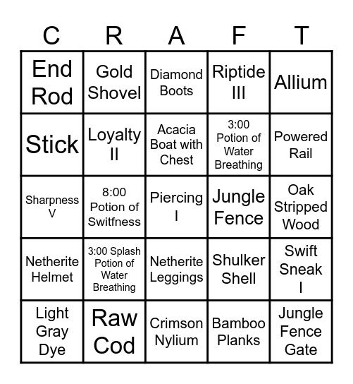 Minecraft Bingo Card