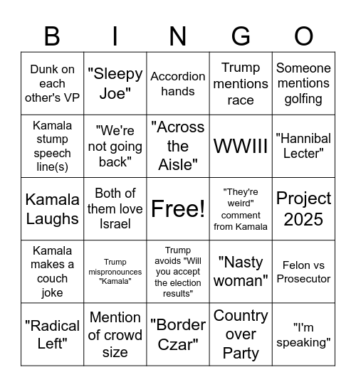 Debate Night Bingo Card