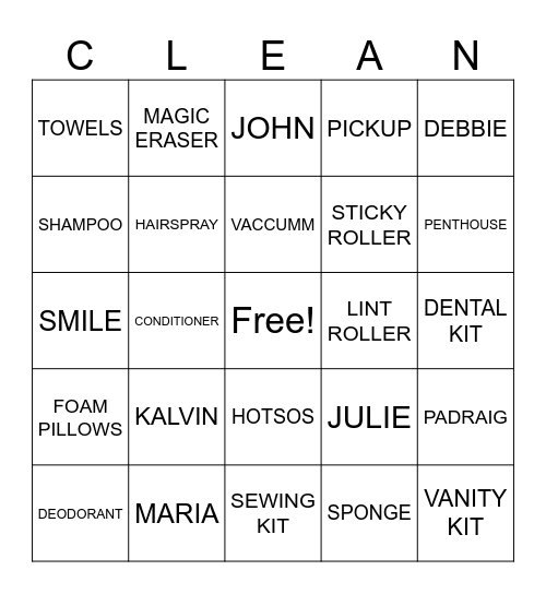 HOUSEKEEPING BINGO Card