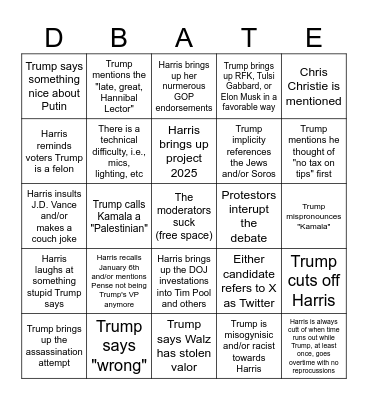 September 2024 Presidential Debate Bingo Card