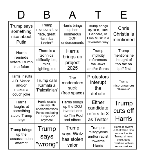 September 2024 Presidential Debate Bingo Card