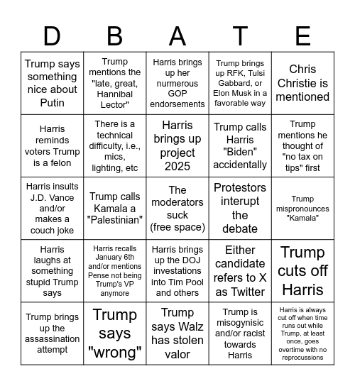 September 2024 Presidential Debate Bingo Card