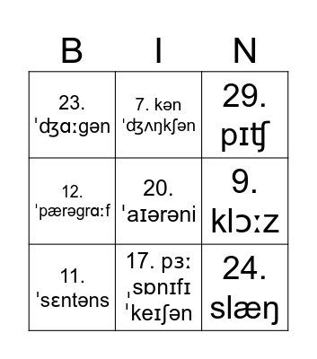 Language word Bingo Card