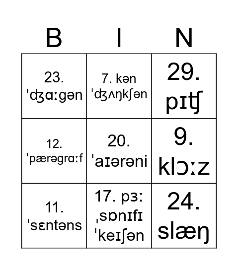 Language word Bingo Card