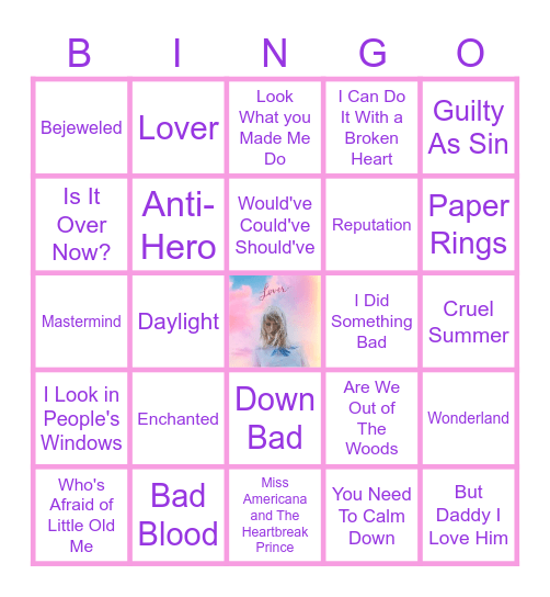 Taylor Swift Bingo Card