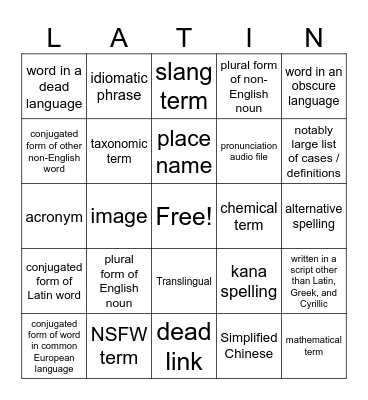 Wiktionary random entry bingo Card