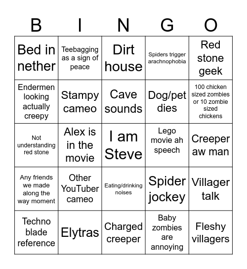 Minecraft movie bingo Card