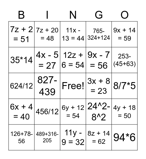 Math Bingo Card