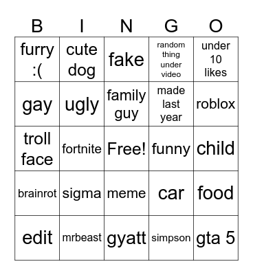 YOUTUBE SHORTS Bingo Card