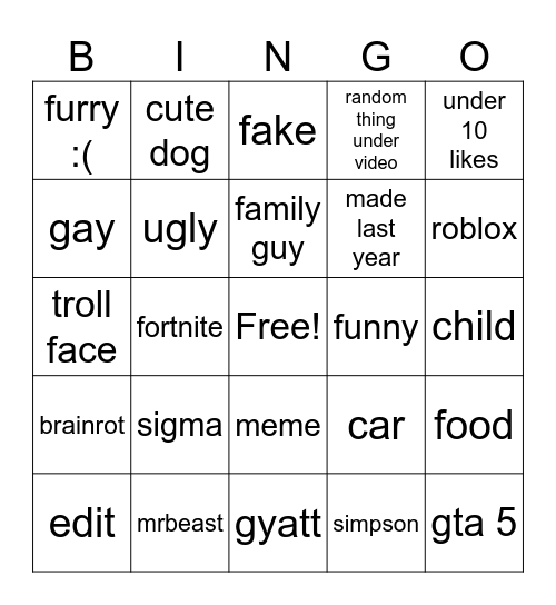 YOUTUBE SHORTS Bingo Card