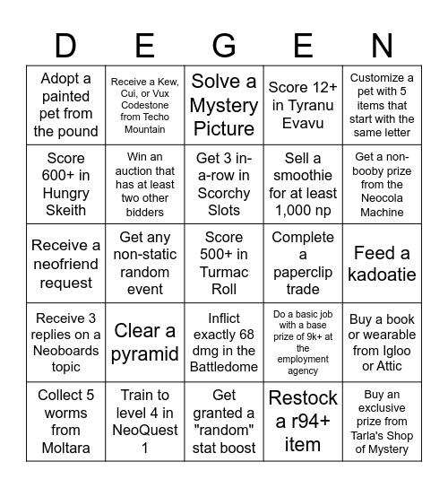 DEGEN NEOPETS BINGO Card