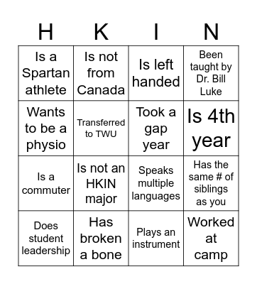 HKIN 351 ICE BREAKER BINGO Card