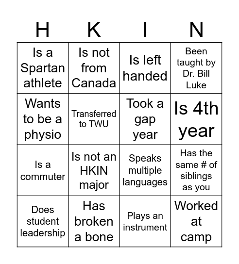 HKIN 351 ICE BREAKER BINGO Card