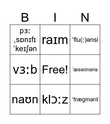 The language bingo card. Bingo Card