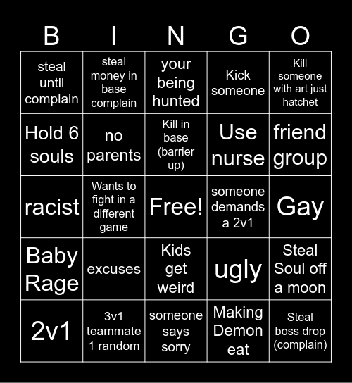 Slayer Tycoon Bingo Card