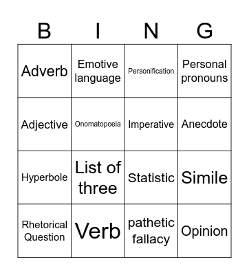 Language Technique Bingo Card
