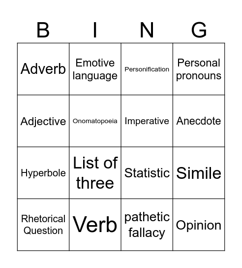 Language Technique Bingo Card