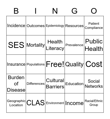 Health Disparities Bingo Card