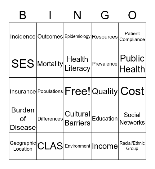 Health Disparities Bingo Card