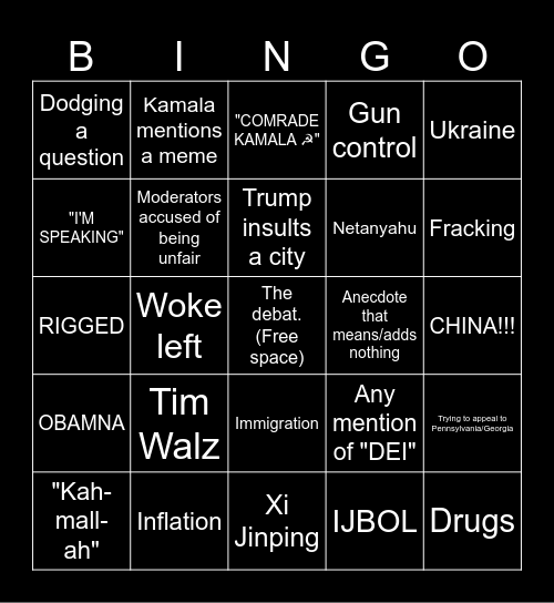 September 10th Kamala Harris vs Donald Trump presidential debate (the debat.) Bingo Card