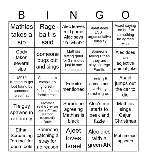 Funk Skates Bingo Card