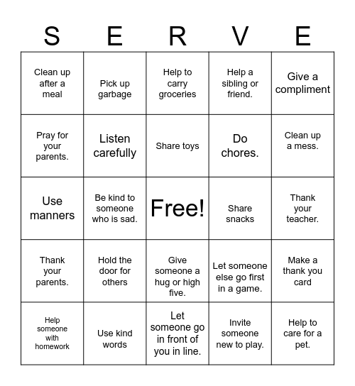 S.E.R.V.E. (Bingo) Game Bingo Card