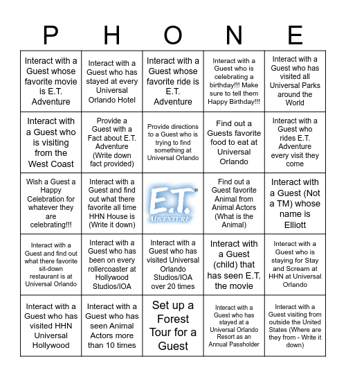 E.T. Adventure BINGO Card