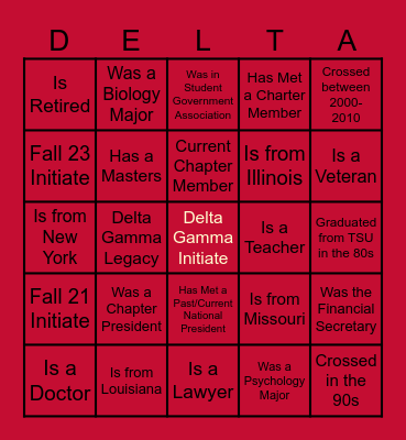 Delta Gamma 2024 Homecoming Bingo Card