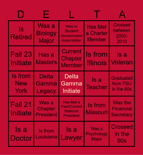 Delta Gamma 2024 Homecoming Bingo Card