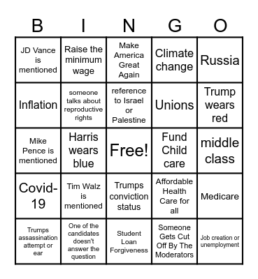 Presidential Debate Bingo Card