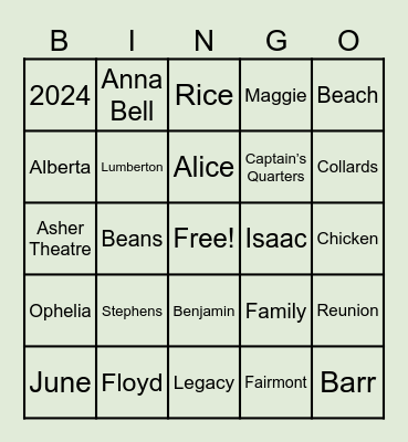 Floyd Family Reunion 2024 Bingo Card