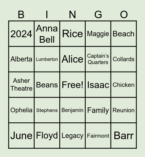 Floyd Family Reunion 2024 Bingo Card