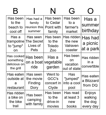 Jump Into Summer Fun Bingo Card