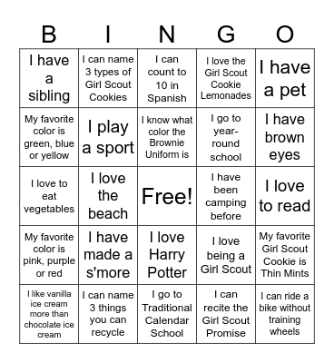 Brownie Girl Scout Troop 566 Bingo Card