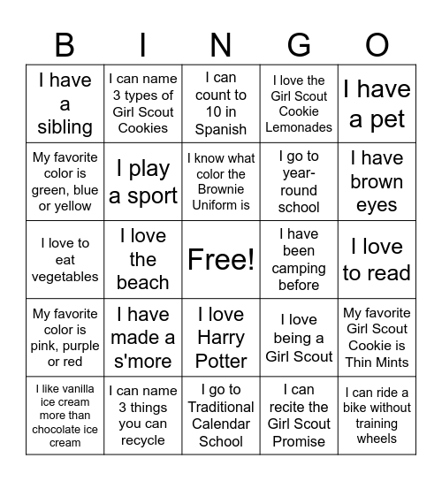 Brownie Girl Scout Troop 566 Bingo Card