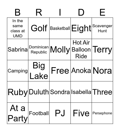 Bridal Shower Bingo Card