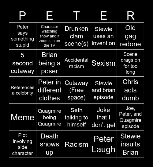 Family guy Bingo Card