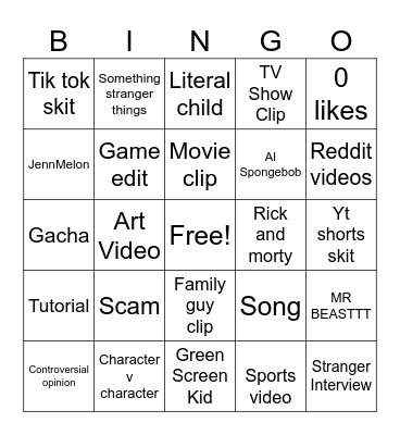 YouTube shorts Bingo Card