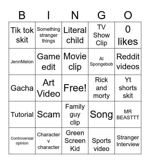 YouTube shorts Bingo Card